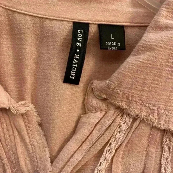 Women's Pink Cotton Gauze Frayed Boho Collared Blouse Large Love Haight - Picture 5 of 13